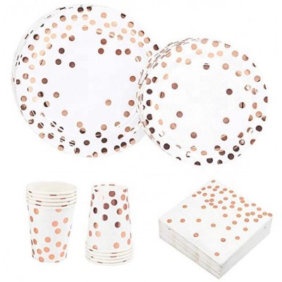 Disposable Dinnerware Set Party Supplies  Rose Gold Foil dot Design Includes Paper Plates  Napkins cup tableware