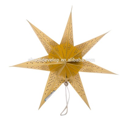 Low MOQ Gold silver folding hollow 3D 5 7 9-angle paper star with led inside for christmas tree decorations